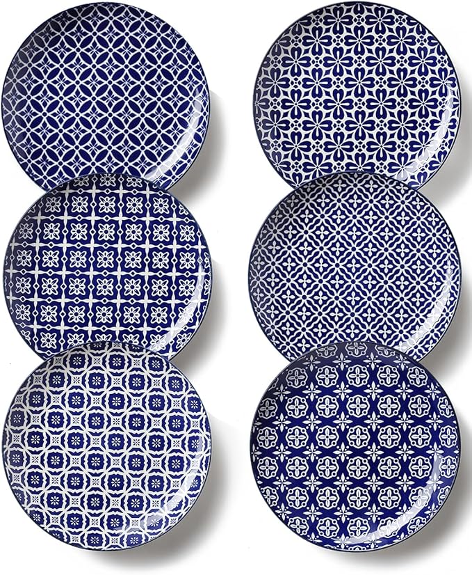 10" Ceramic Dinner Plates, Blue and White Porcelain Plate Set, Serving Dishes for Pasta, Pancakes, Steak, Salad, Set of 6, Dishwasher & Microwave Safe
