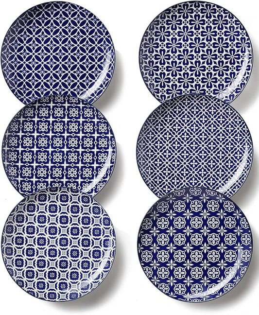 10" Ceramic Dinner Plates, Blue and White Porcelain Plate Set, Serving Dishes for Pasta, Pancakes, Steak, Salad, Set of 6, Dishwasher & Microwave Safe