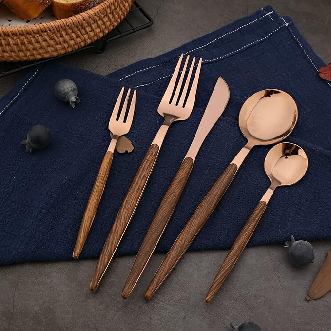 20-piece Wood Silverware Set for 4, Include Knife Fork Spoon, Stainless Steel Flatware Set with Wooden Handle, Mirror, Dishwasher Safe, for Home Kitchen Travel - Round Handle Rose Gold