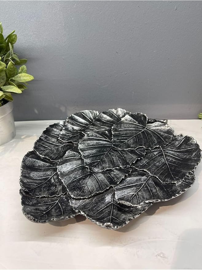 Leaf Shaped Serving Tray Decorative Polyester Silver and Black Antique Finish Abstract Home Decor, 12x10 Inch - Silver and Black Antique, One Size