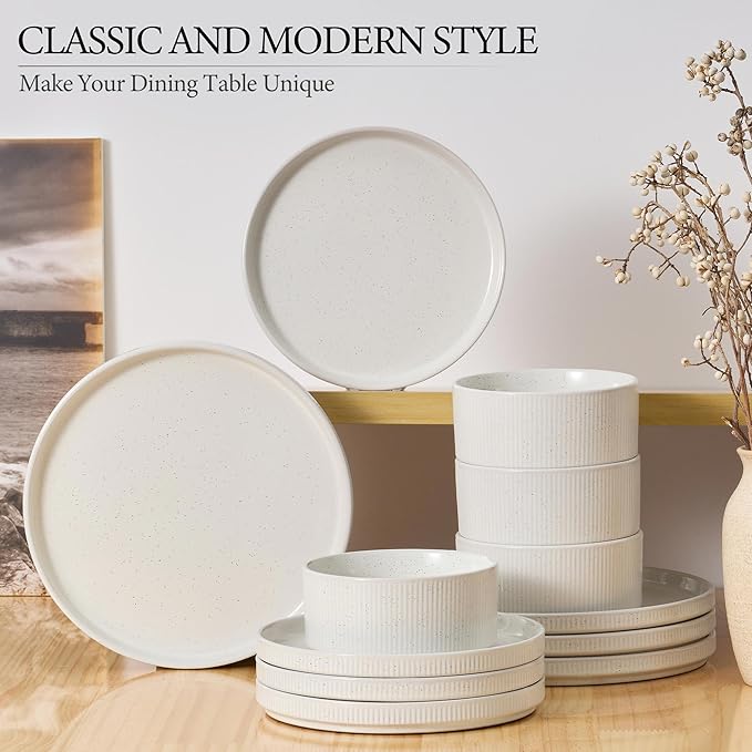 E-far 24-Piece Stoneware Dinnerware Sets, Plates and Bowls Sets for 8, Kitchen Modern Dinning Porcelain Dishes Set, Chip & Scratch Resistant, Dishwasher & Microwave Safe, Speckled White