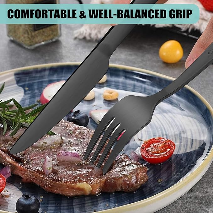 VeSteel 45Pcs Matte Black Silverware Set with Serving Utensils, Stainless Steel Flatware Set Service for 8, Metal Cutlery Eating Utensils Tableware Includes Forks/Spoons/Knives/Hostess Set
