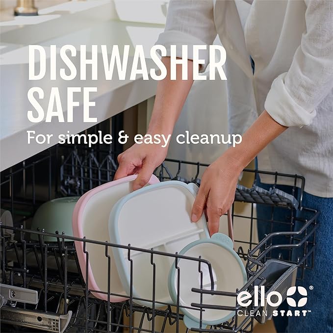 Ello Clean Start Toddler Everything Plate 2 Pack | BPA-Free Ceramic Plates with Silicone Sleeve for Babies/Toddlers | Microwave/Dishwasher Safe, Plastic-Free, High Chair Friendly | Dewdrop/Grayed Jade