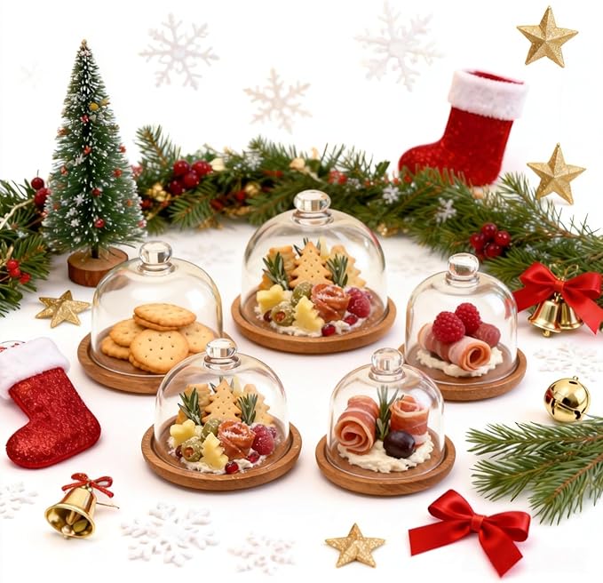 Charcuterie Snow Globes - 5 Pack Mini Cake Stand with Glass Dome Lid for Party Favors, Mini Charcuterie Snow Globes for Individual Desserts, Cupcakes & Pastries, Elegant Holiday Table Display (5PCS)
