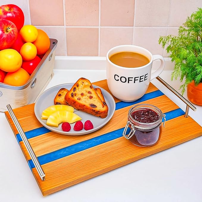 Oak Wood Epoxy Resin Serving Tray with Silver Handal and dubal Epoxy Looks for Food Breakfast in Bed Coffee Table Decor Serving Tray