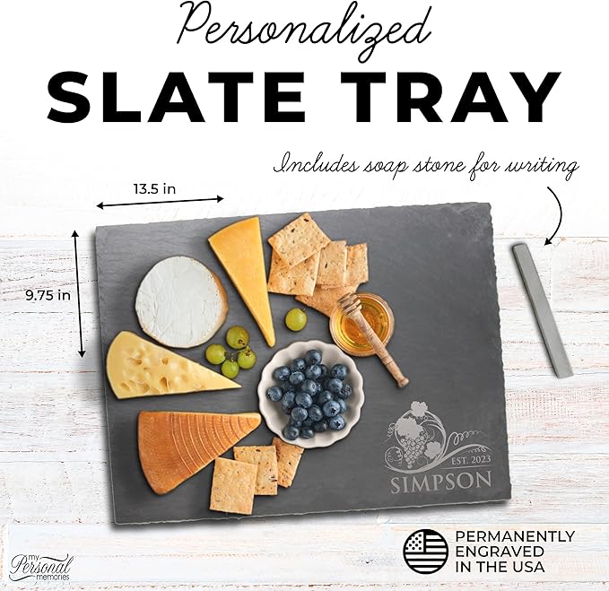My Personal Memories Personalized Slate Serving Tray Cheese Board with Soapstone - Housewarming, Wedding for Couples - Custom Engraved (Grapes Style)