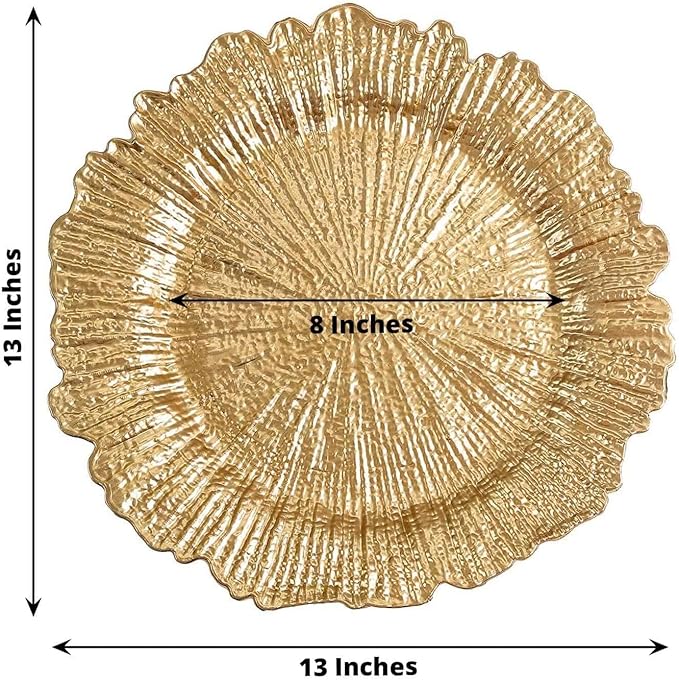 13" Charger Plates - Set of 24 - Acrylic Gold Round Reef Disposable Chargers, Ideal for Dinner Party Wedding Holiday Bulk Events
