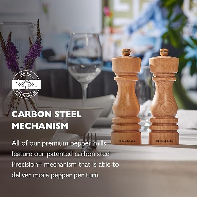 Cole & Mason London Refillable Spice Mill - Kitchen & Home Accessory - Table Black Pepper Grinder - Pepper Mill with Carbon Steel Mechanism - 5", Natural Beech