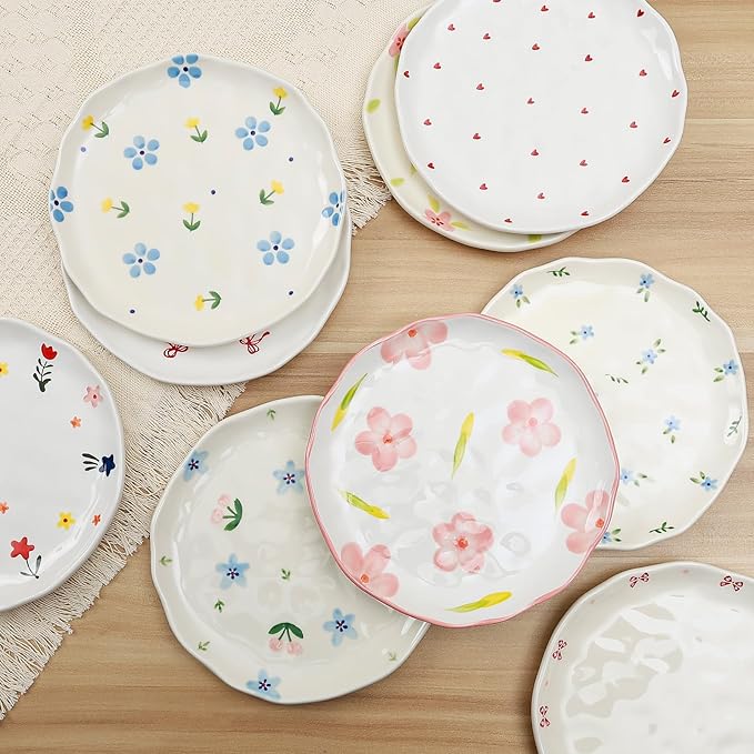 Koythin Floral Ceramic Dinner Plates, 8" Microwave Safe Dishes for Pasta, Modern Rustic Appetizer Plate for Salad Fruits Dessert Cake (Retro Pink Flower)