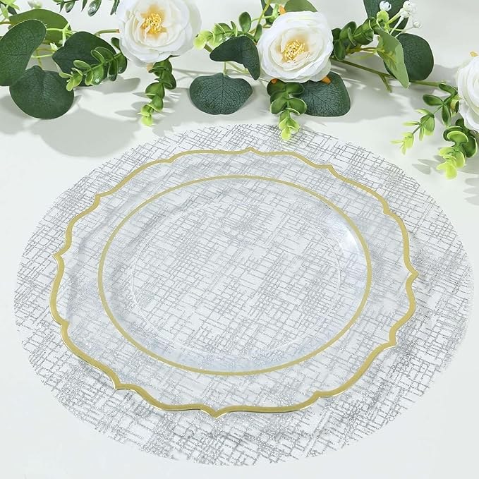 20 Pack 13" Silver Glitter Mesh Placemats - Round Disposable Durable Perfect for Parties and Events