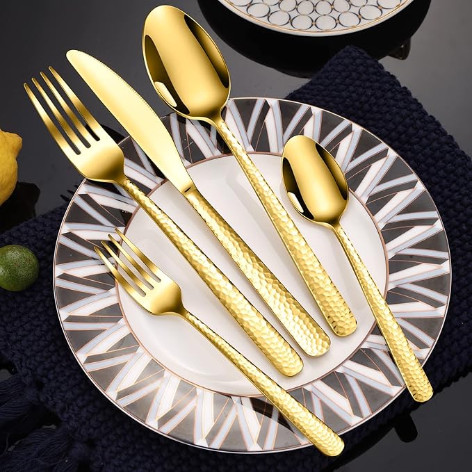 Hammered Silverware Set, 30 Pieces Flatware Set Service for 6, Mirror Polished Cutlery Utensil Set Include Fork Knife Spoon Set Dishwasher Safe, Premium Stainless Steel (Gold-30)