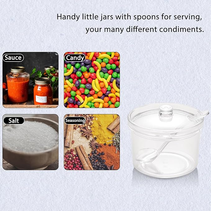 Set of 4 Acrylic Sugar Bowl with Lid and Spoon, Clear Sugar Jar with Lid and Spoon, Cute Jars for Sugar, Salt, Tea, Condiment Server – 7oz
