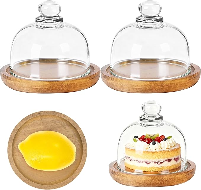 2 Pack Ultra Mini Wooden Base Cake Display Stand with Glass Dome,Cloche Clear Glass Bell Jar Cover for Dessert Cheese Candy Plants Succulents (4.1 x 3.7 inch)