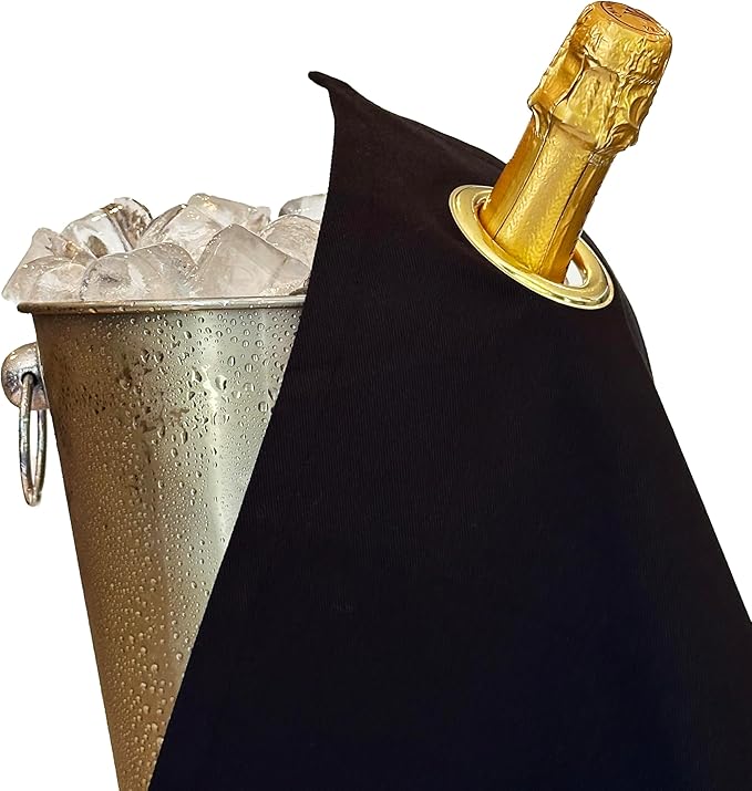 Classic Collection, Bottle Cloth with Metal Ring for Ice Buckets, Cotton, 42 cm, Corner Hole (Black with Gold Metal Ring, Pack of 5)