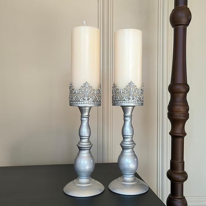Candle Holders for Pillar Candles Gothic Matte Black Vintage Tall Candle Holders Set of 2 Decorative Large Table Centerpieces Candle Stand Decor (Pearl Silver 2PCS A)