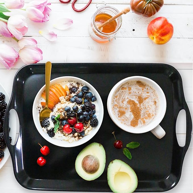 KAQAHIDO Large Melamine Serving Trays for Eating, 17.5’’ x 12’’ Serve Platter for Appetizer, Charcuterie, Food, Snack, Cupcakes, Dessert, BPA-Free, Dishwasher Safe Tray, Set of 2, Black