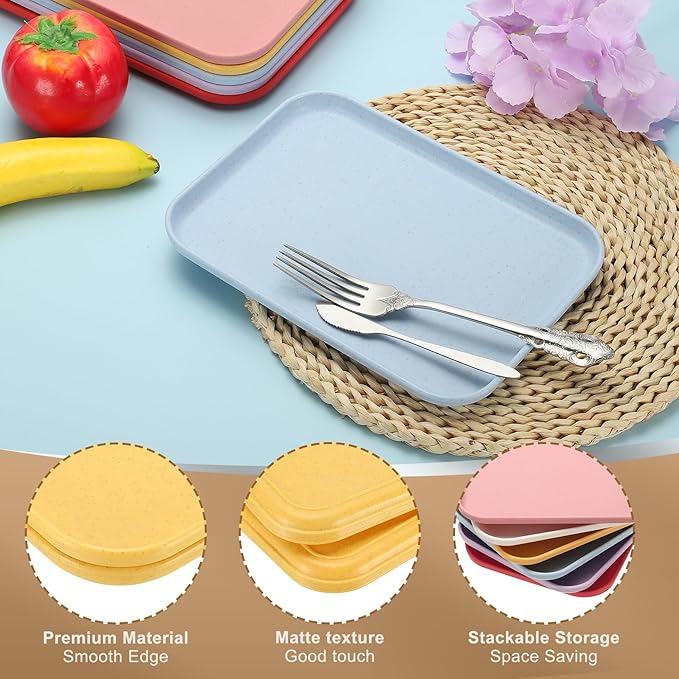 PATIKIL 9.5x6.9 Plastic Tray, 2 Pack Rectangular Plates Small Food Tray Wheat Plates Dishes Reusable Dessert Plate Trays with Cloth for Cake Fruits Salad Cupcake Steak Serving Yellow