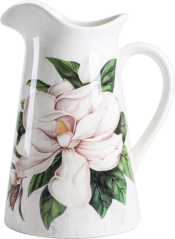 Bico Magnolia Floral Ceramic 2.5 Quarts Pitcher with Handle, Decorative Vase for Flower Arrangements, Dishwasher Safe
