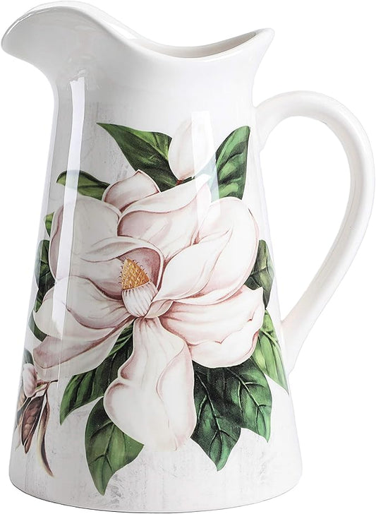 Bico Magnolia Floral Ceramic 2.5 Quarts Pitcher with Handle, Decorative Vase for Flower Arrangements, Dishwasher Safe