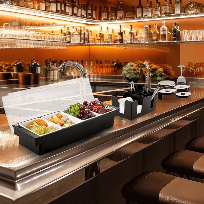 Mifoci Bartending Supplies Garnish Tray with Lid Bar Caddy 3 Tier Glass Rimmer 12 Stainless Steel Bottle Pourers 2 Juice Pour Bottle 1000 Cocktail Straw 3 Serving Tong(4 Compartments,Plastic)