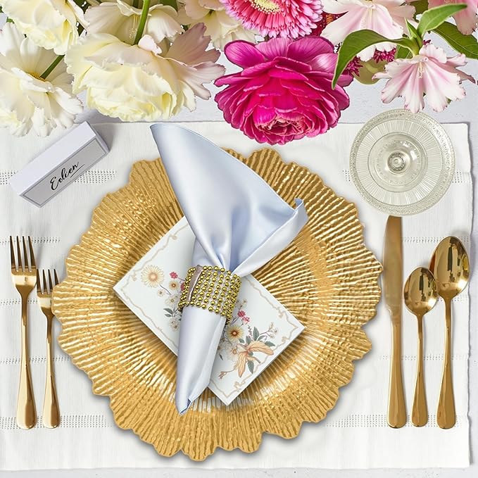 PROY 13 Inch Round Gold Charger Plates, Gold Chargers for Dinner Plates, Plastic Reef Charger Set of 12 for Wedding, Thanksgiving, Christmas