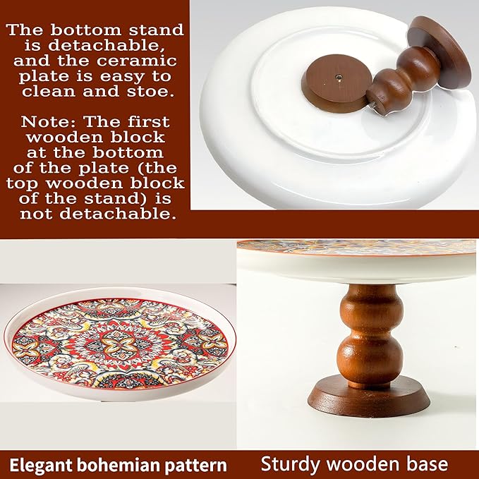 Ceramic Cake Stand with Elegant Wood Curved Footed, 8” Versatile Dessert Stand, 2-in-1 Dessert Table Display Set & Charcuterie Board for Birthday/Kitchen/Party/Charcuterie,Red