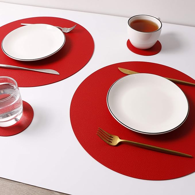 Wipeable Placemats and Coasters Leather Table Mats Waterproof Heat-Resistant Easy to Clean for Dining Table Set Kitchen Table Set of 4, Red