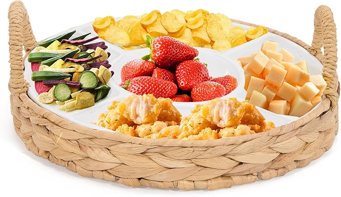GENMOUS Chips and Dip Serving Tray, 13" Divided Serving Trays for Dips Candy, Water Hyacinth with 5 Sectional Melamine Appetizer Relish Trays for Parties