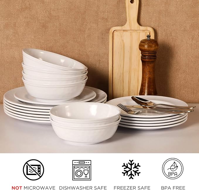 TP 12-Piece Dinnerware Set, Melamine Dishes Set with Bowls and Plates, Non-breakable and Lightweight Dinner Service for 4, White