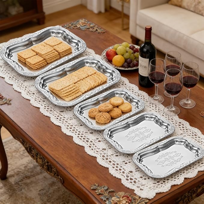6 Pack Silver Serving Trays Set, Floral Engraved Mirror Decorative Tray Party Platters for Whiskey Cookies Food Dessert Fruit Cupcake Weddings Table Parties Display