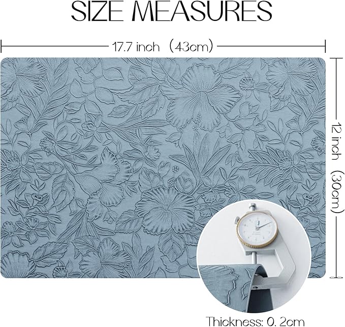 Romanstile Vinyl Placemats Set of 4-12 X 17 Inch - Heat Resistant Non-Slip Embossed Floral Place Mats 100% Waterproof Oilproof Wipeable Faux Leather Table Mats for Kitchen/Dining/Party, SkyBlue