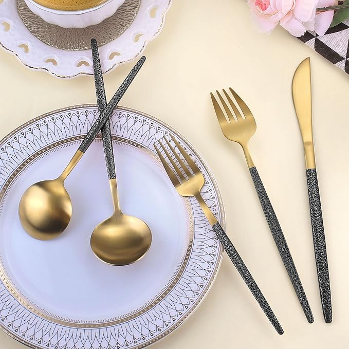 20-Piece Silverware Set for 4, Gold Flatware With Black Handle, Durable 18/8 Stainless Steel Kitchen Eating Tableware, Includes Fork Knife Spoon, Dishwasher Safe