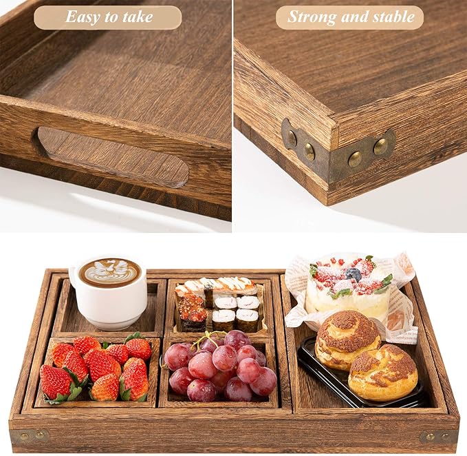 Yangbaga Rustic Wooden Serving Trays with Handle - Set of 7 Rectangular Platters for Entertaining, Breakfast, Coffee Table, Home Decor