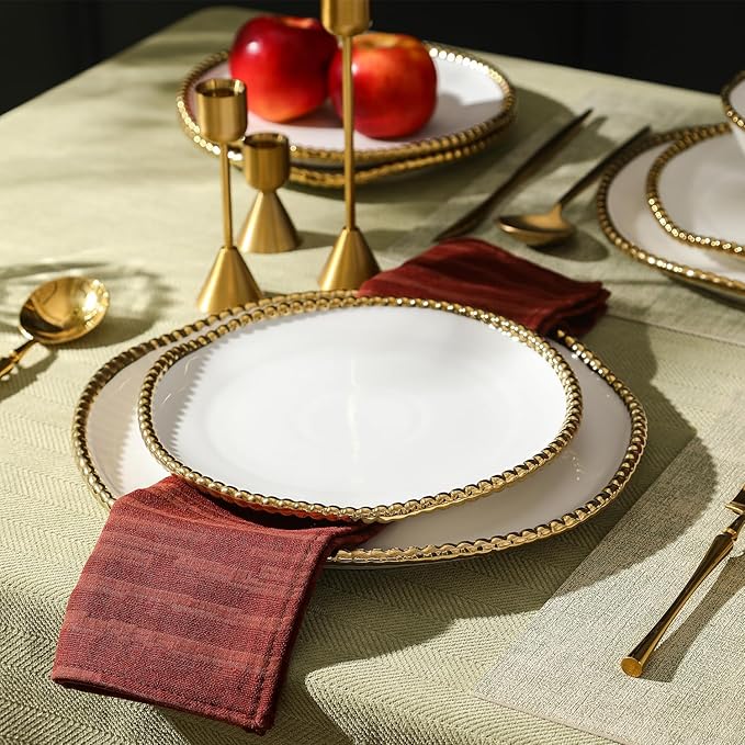Christian Siriano Akoya Porcelain Dinnerware Set, 24-Piece - Dish Set for 8, Plates and Bowls Set, White and Gold
