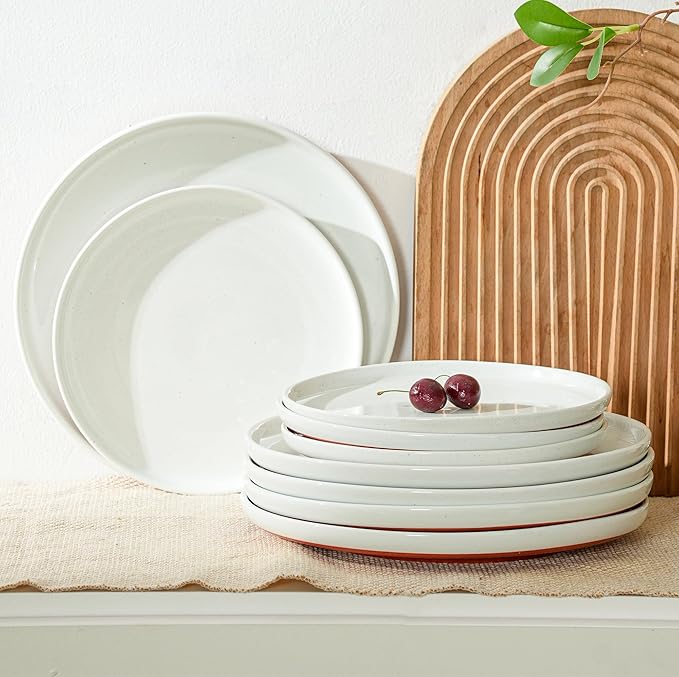 Ceramic Dinner Plates, 10.25 Inch Flat Dish Set for 4, Perfect for Family and Entertaining, Microwave & Dishwasher Safe, Dinner Dishes for Steak, Sandwiches, Pizza, Pasta, Elegant White