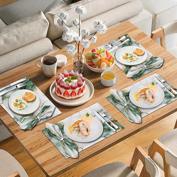 Mcalk 4 Each Green Marble Placemats and Cloth Napkins Set of 8, Modern Art Placemat, Marble Print Cloth Napkin for Home Kitchen Decor (Placemats 18 "x12 Napkins 18 "x18)