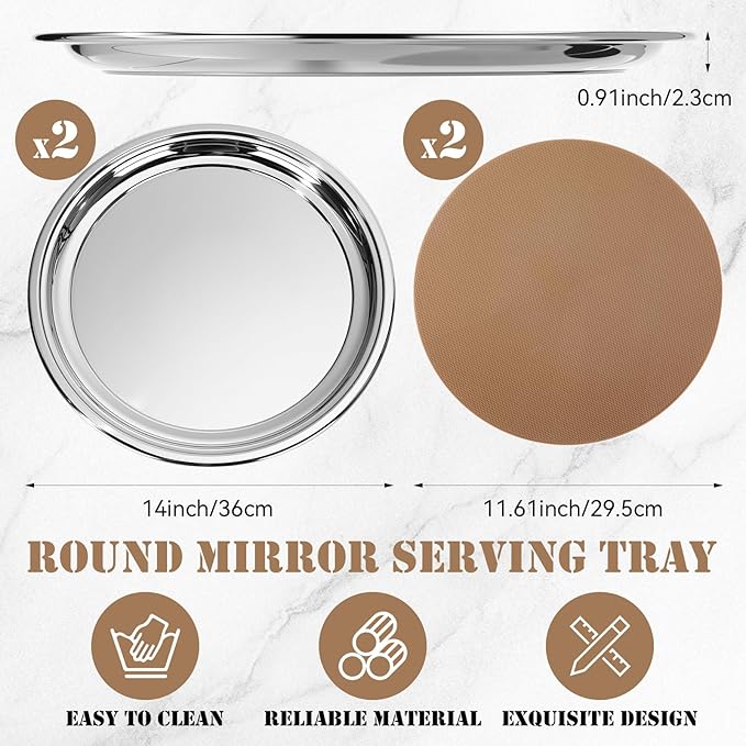LemonRoad 2 Set Round Silver Mirror Decorative Tray 14.17 Inches Stainless Steel Metal Serving Tray Mirrored Finish Circular Bar Platter with Anti Slip Mat Vanity Kitchen Organizer for Home