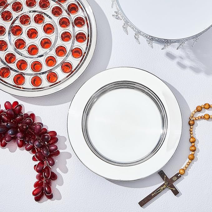 Zhehao 2 Plates Silver Communion Set, Holy Trays with Lid, Stainless Steel Bread Tray Plates for Churches, Holy Communion Tray with Cover, Polished Church Supplies Ware Sets
