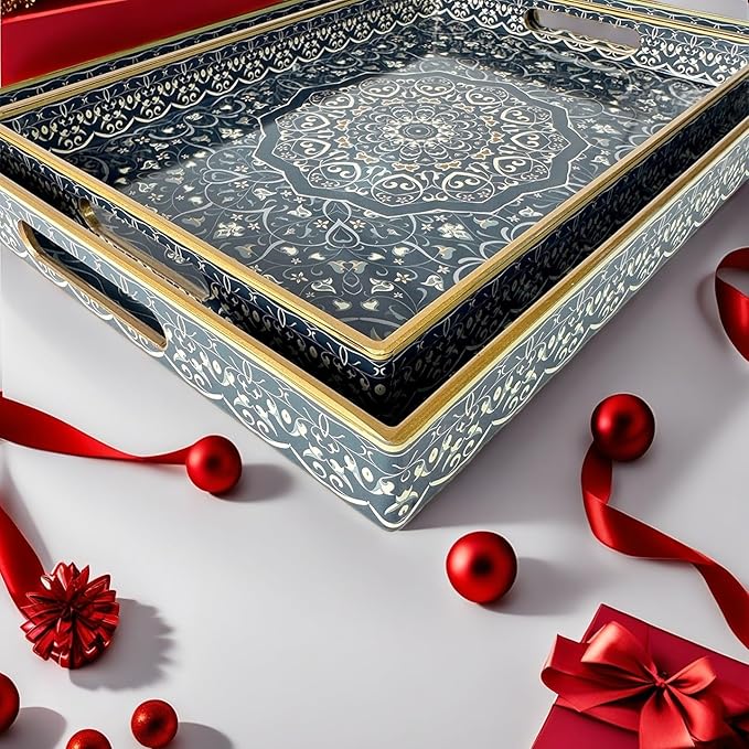Decorative Tray, Blue Serving Tray with Handles, Set of 2, Plastic Coffee Table Tray for Living Room, Ottoman, Bathroom, Kitchen, Decor, Large 15.7”*11.8”, Small 13.7"*9.8"
