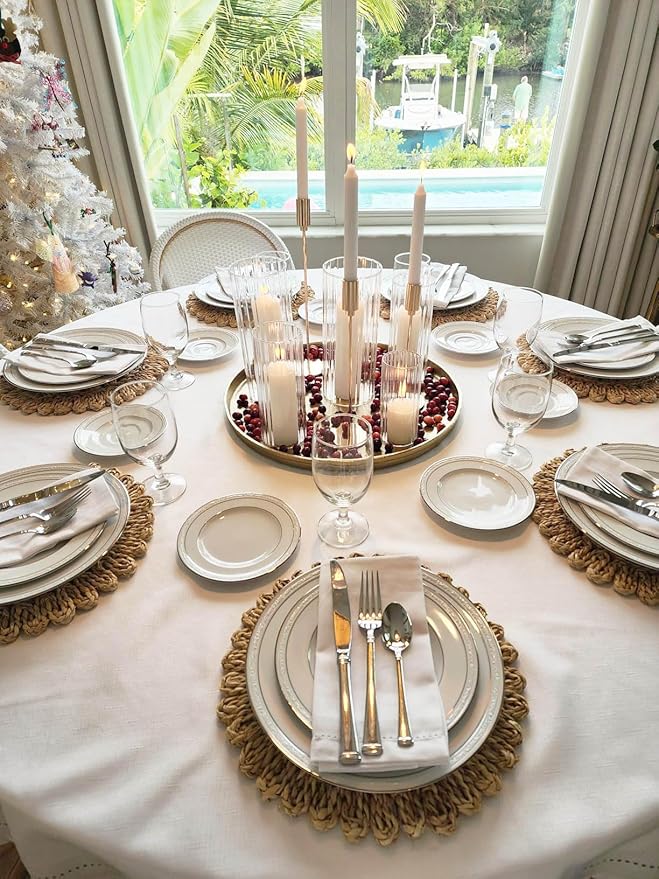 13.8" Round Corn Husk Placemats | Boho Woven Rattan Table Mats | Natural Spring Farmhouse Plate Chargers | Handmade Rustic Wicker Place Mats for Christmas Wedding (Set of 6)