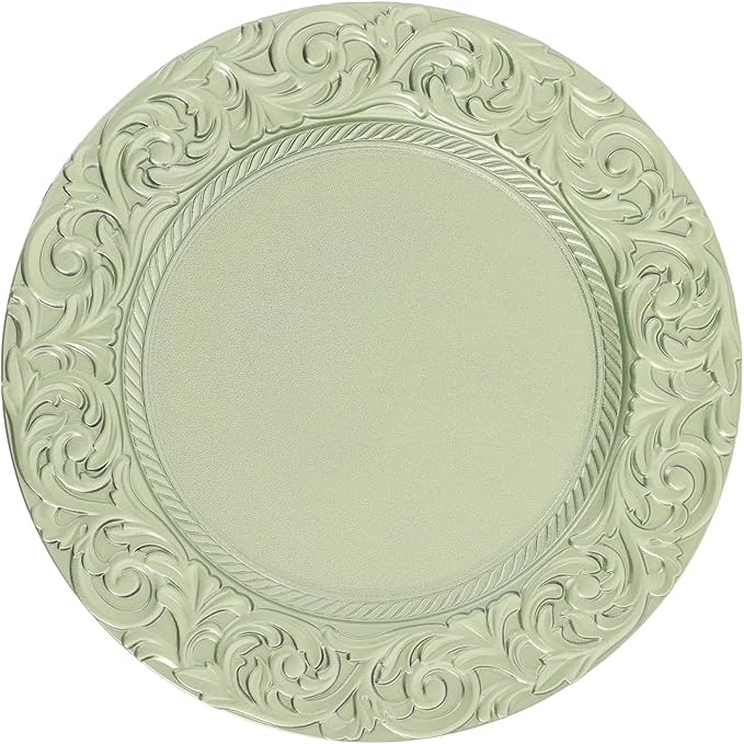 50 Pcs Antique Charger Plates Bulk Round Plastic Dinner Plate Embossed Rim Server Plate Decorative Chargers Floral Plates for Dinner Parties Wedding,13 Inch (green-50pcs)