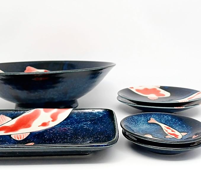 Made in Japan Koi Fish Ceramic Dinnerware Set – 6-Piece Blue & Red Plates and Bowls | Hand-Painted Carp Motif | Dishwasher Safe | Japanese Tableware Gift Set