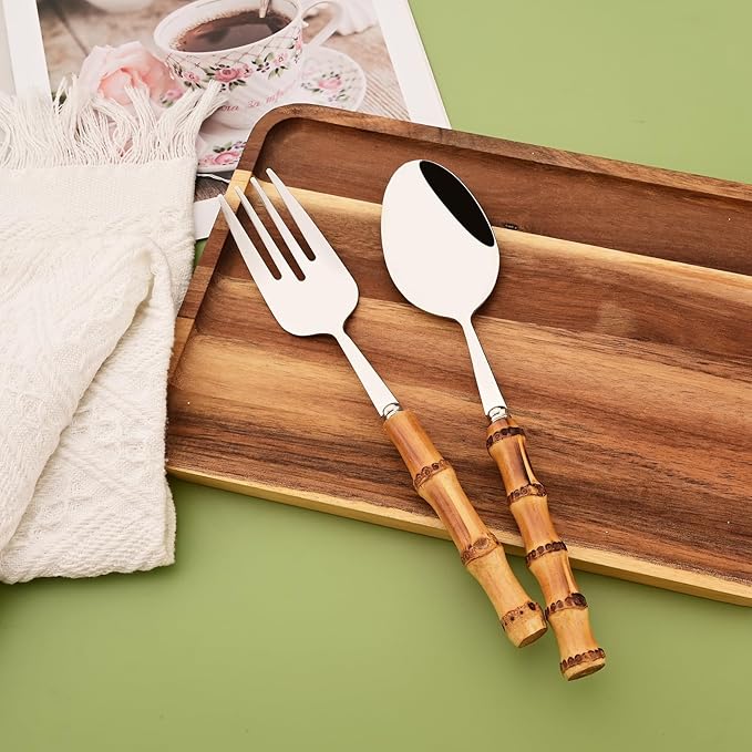 Mirror Polished Silverware Set - Bamboo Handle Cutlery Set - Stainless Steel Flatware Serving Set for Home Restaurant Wedding and Parties - 4 Pieces Serving Utensils