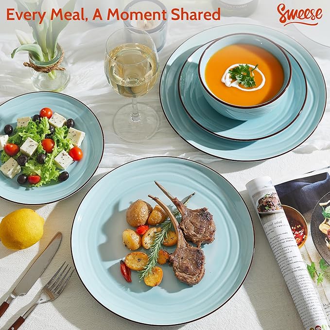 Sweese Porcelain Dinnerware Sets for 6, 18 Pieces Ceramic Plates and Bowls Sets, Handcrafted Minimalist Dinner Set, Chip and Scratch Resistant Dish Set, Dishwasher & Microwave Safe, Gradient Blue