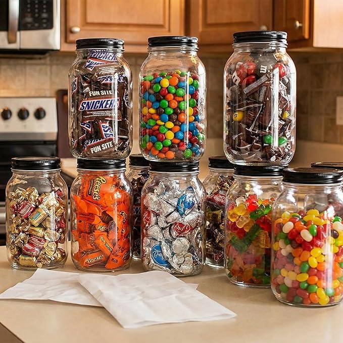 novelinks 32 oz Clear Plastic Jars with Lids, 6 Pack Large Plastic Mason Jars with Lids 32oz, Reusable Quart Containers for Kitchen Organization (6 Pack,Black)