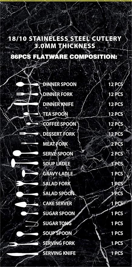 Lorren Home Trends 86 Piece 18/10 Stainless Steel and Gold Flatware Set, Service for 12, Chest included