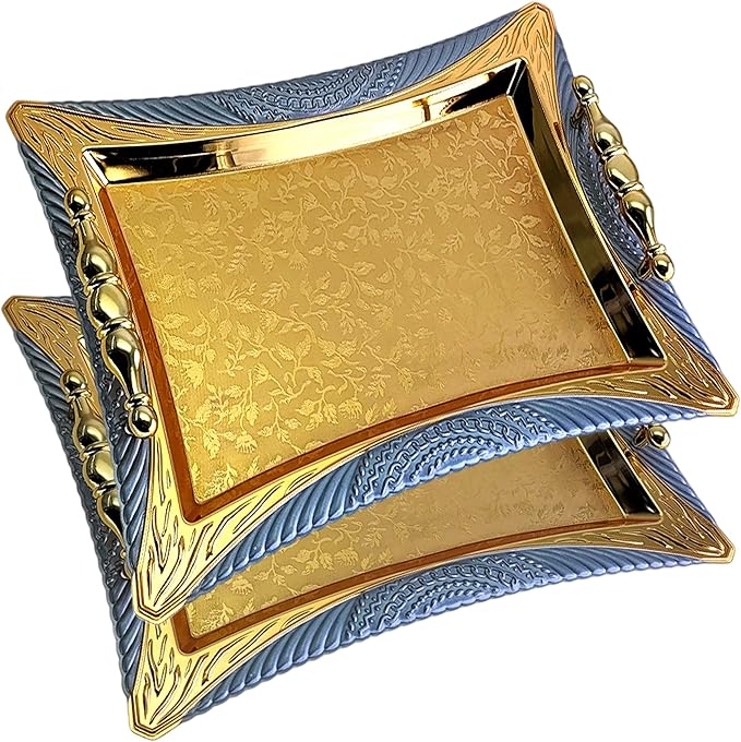 (Pack of 2 14.1 inch x 10.2 inch Star Shape Iron Gold Serving Tray with Handles Floral Engraved Decorative Holiday Wedding Birthday Dessert Wine Candle Platter Plate Party NC-216