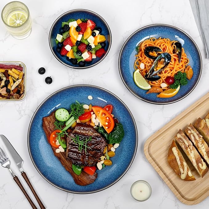 Plates and Bowls Sets for 6 - CJDC-QUELO 24-Piece Stoneware Dinnerware Sets, Ceramic Dishware Set for Indoor Kitchen Use and Formal Dining, Chip and Scratch Resistant Microwave Dishwasher Safe, Blue