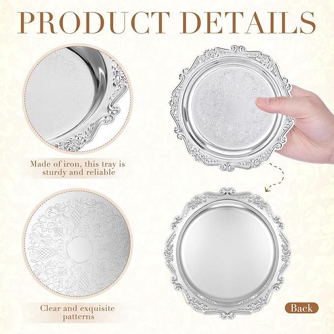 Silver Serving Tray, 2pcs 9. 8" Vintage Round Silver Platter, Decorative Metal Jewelry Plates, Floral Engravedjewelry Tray for Dessert & Fruit Display for Wedding, Home Decor, Entertaining Party