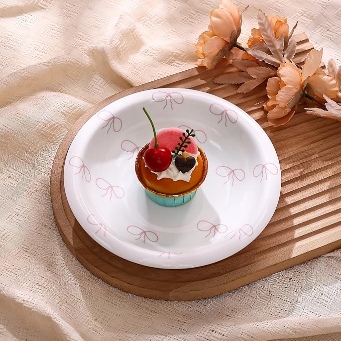Koythin Ceramic Dessert Plates, Cute Pink Bow Salad Plates for Home Party Restaurant, Round Kitchen Plates, Microwave and Dishwasher Safe (Pink Bow)